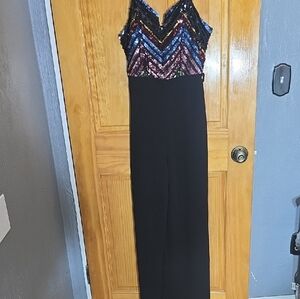 ALMOST FAMOUS Elegant Black and Multicolor Sequin Jumpsuit Size Large Juniors
